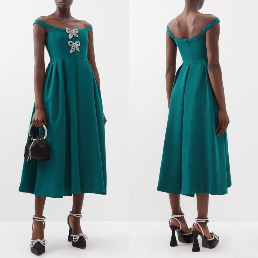 SELF- PORTRAIT Crystal Embellished Bow Emerald Full Skirt Midi Dress Size 2 $545